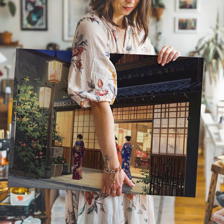 Lantern Light & Kimono Conversation Canvas – Traditional Japanese Night Scene - Gifitto