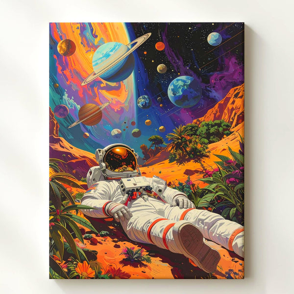 Astronaut in Cosmic Repose Canvas – Relaxing on Alien Planet with Floating Planets - Gifitto