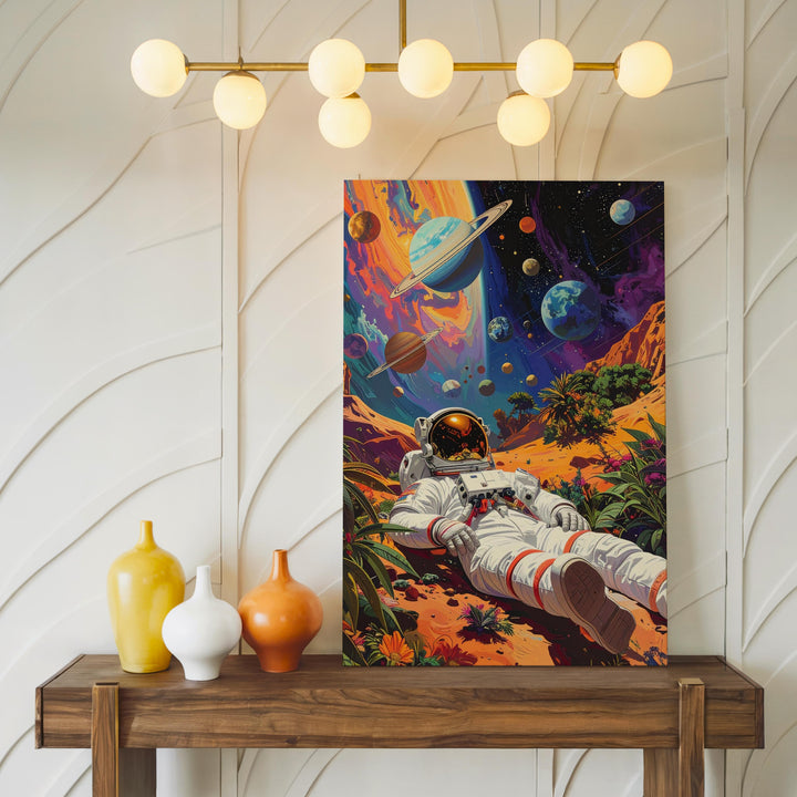 Astronaut in Cosmic Repose Canvas – Relaxing on Alien Planet with Floating Planets - Gifitto
