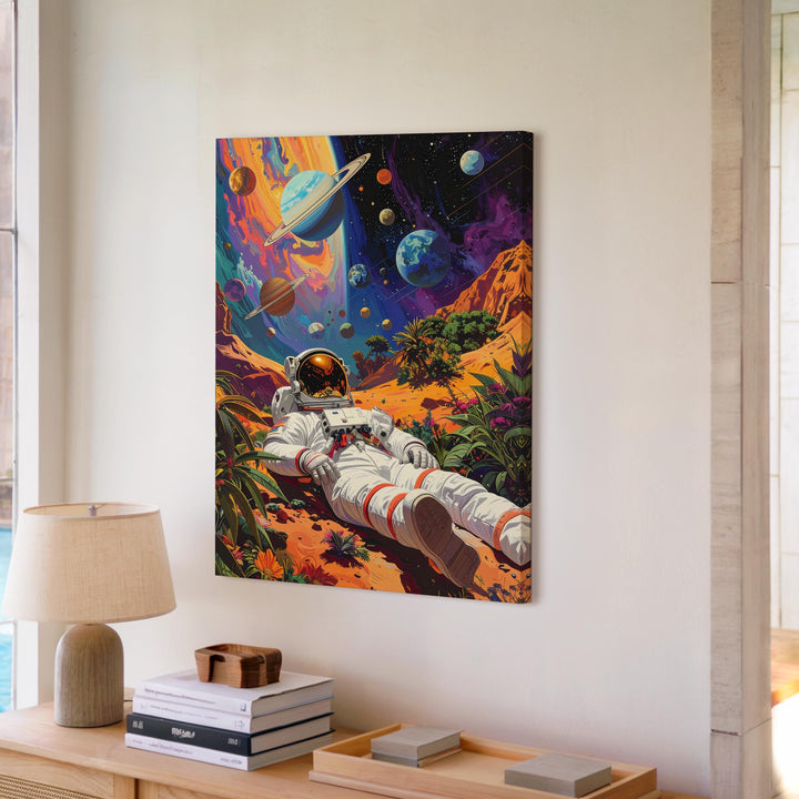 Astronaut in Cosmic Repose Canvas – Relaxing on Alien Planet with Floating Planets - Gifitto