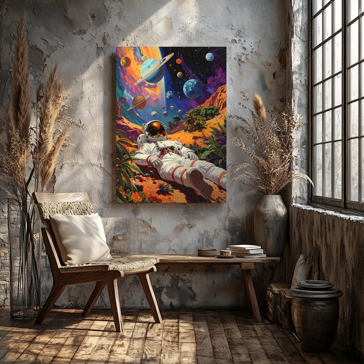 Astronaut in Cosmic Repose Canvas – Relaxing on Alien Planet with Floating Planets - Gifitto