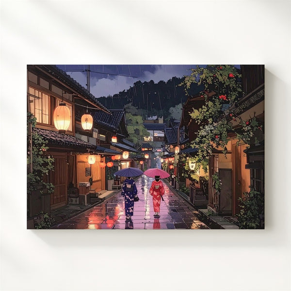 Rainy Lantern Alley Canvas – Japanese Street Scene with Kimonos & Umbrellas - Gifitto