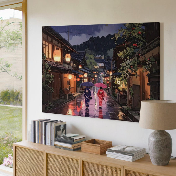 Rainy Lantern Alley Canvas – Japanese Street Scene with Kimonos & Umbrellas - Gifitto