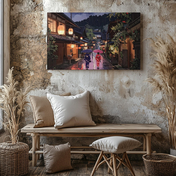 Rainy Lantern Alley Canvas – Japanese Street Scene with Kimonos & Umbrellas - Gifitto