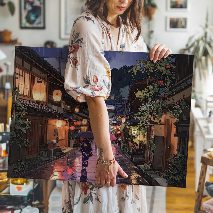 Rainy Lantern Alley Canvas – Japanese Street Scene with Kimonos & Umbrellas - Gifitto
