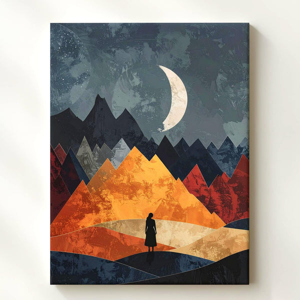 Geometric Landscape Canvas – Silhouetted Figure Under Crescent Moon and Angular Mountains - Gifitto