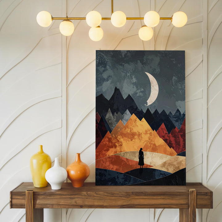 Geometric Landscape Canvas – Silhouetted Figure Under Crescent Moon and Angular Mountains - Gifitto