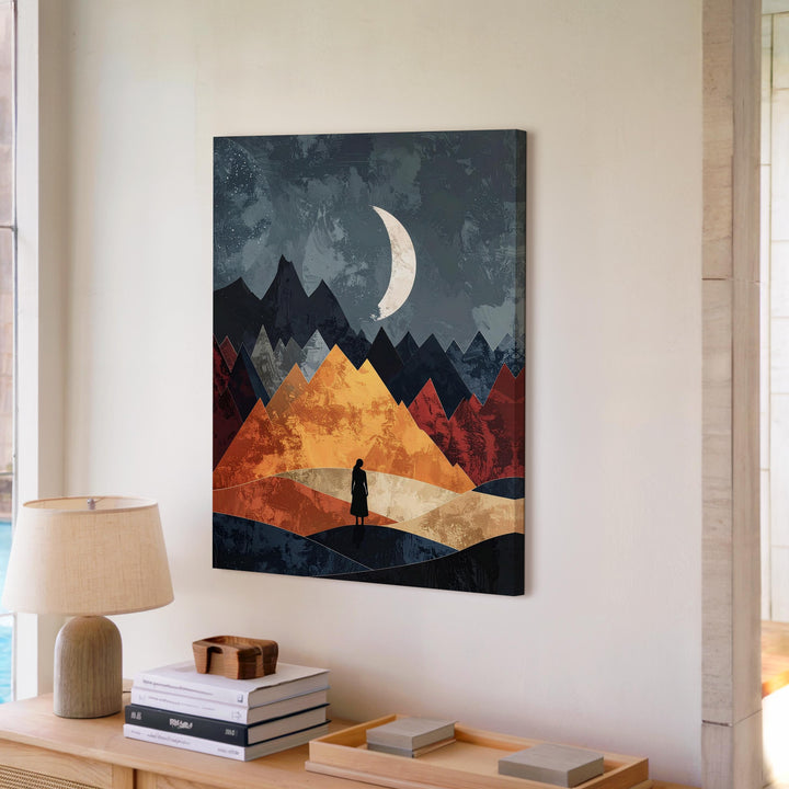 Geometric Landscape Canvas – Silhouetted Figure Under Crescent Moon and Angular Mountains - Gifitto
