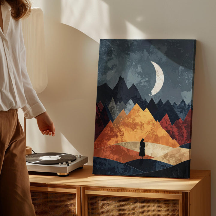 Geometric Landscape Canvas – Silhouetted Figure Under Crescent Moon and Angular Mountains - Gifitto