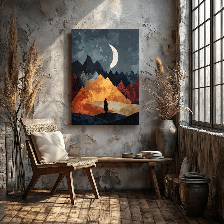 Geometric Landscape Canvas – Silhouetted Figure Under Crescent Moon and Angular Mountains - Gifitto