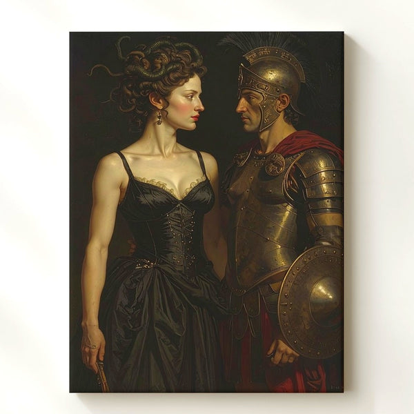 Medusa vs Spartan Warrior Canvas – Dark Fantasy Mythical Confrontation Art - Gifitto
