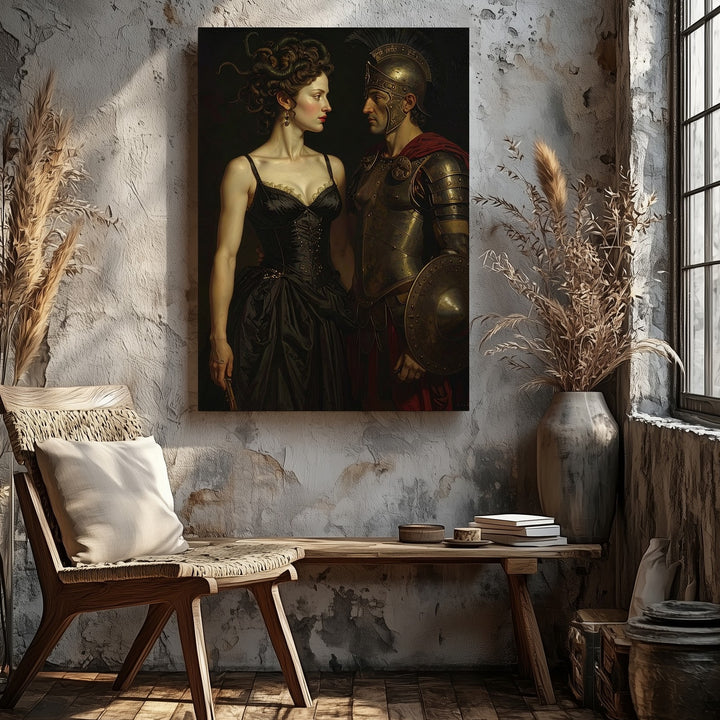 Medusa vs Spartan Warrior Canvas – Dark Fantasy Mythical Confrontation Art - Gifitto