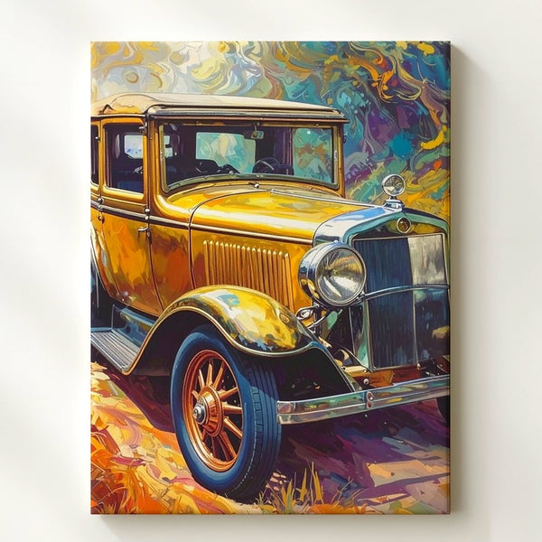 Golden Yellow 1920s Classic Car Canvas – Van Gogh-Inspired Stylized Art - Gifitto