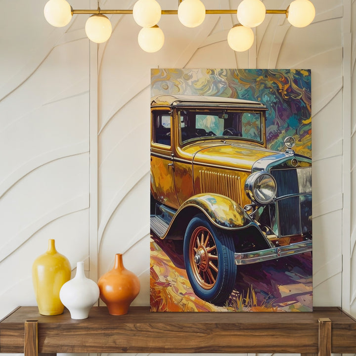 Golden Yellow 1920s Classic Car Canvas – Van Gogh-Inspired Stylized Art - Gifitto