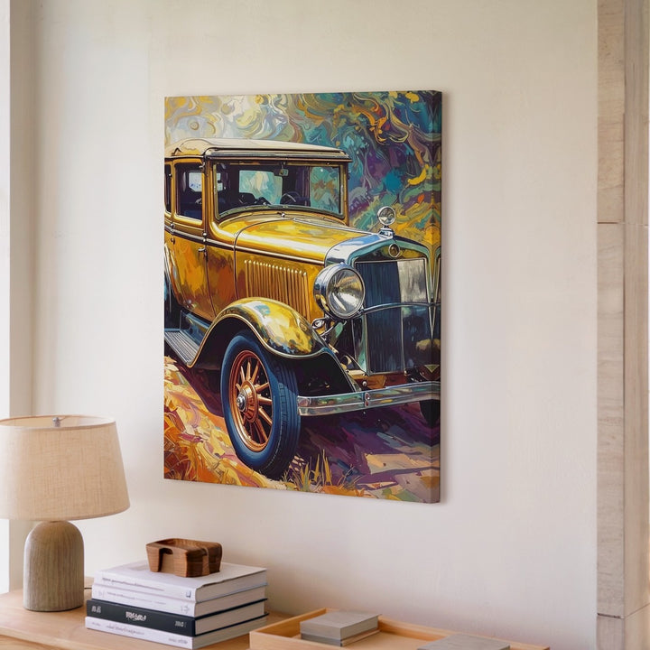 Golden Yellow 1920s Classic Car Canvas – Van Gogh-Inspired Stylized Art - Gifitto