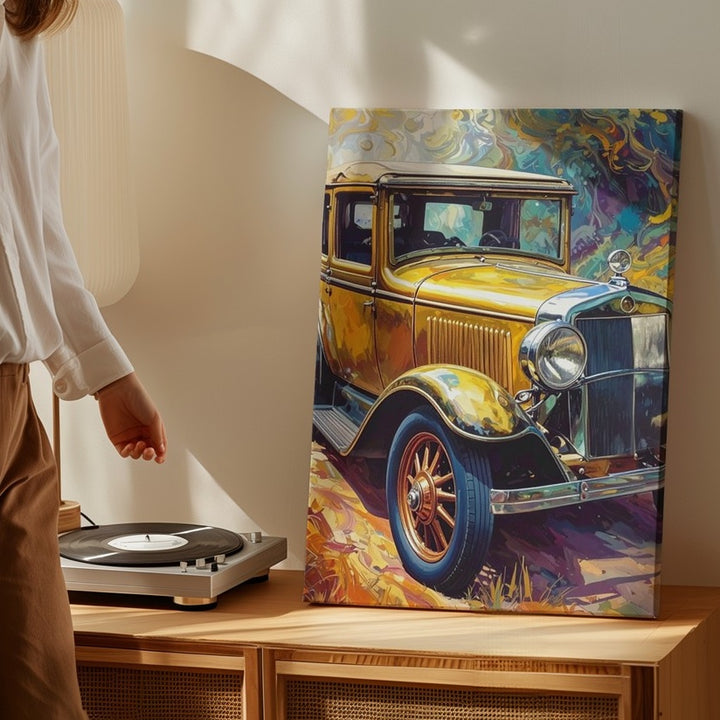 Golden Yellow 1920s Classic Car Canvas – Van Gogh-Inspired Stylized Art - Gifitto