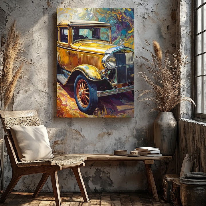 Golden Yellow 1920s Classic Car Canvas – Van Gogh-Inspired Stylized Art - Gifitto