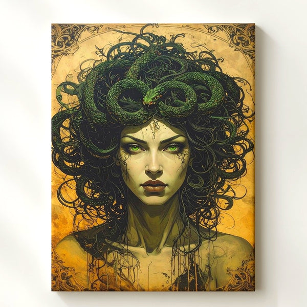 Gothic Medusa Portrait Canvas – Dark Mythical Gorgon with Green Eyes and Snakes - Gifitto
