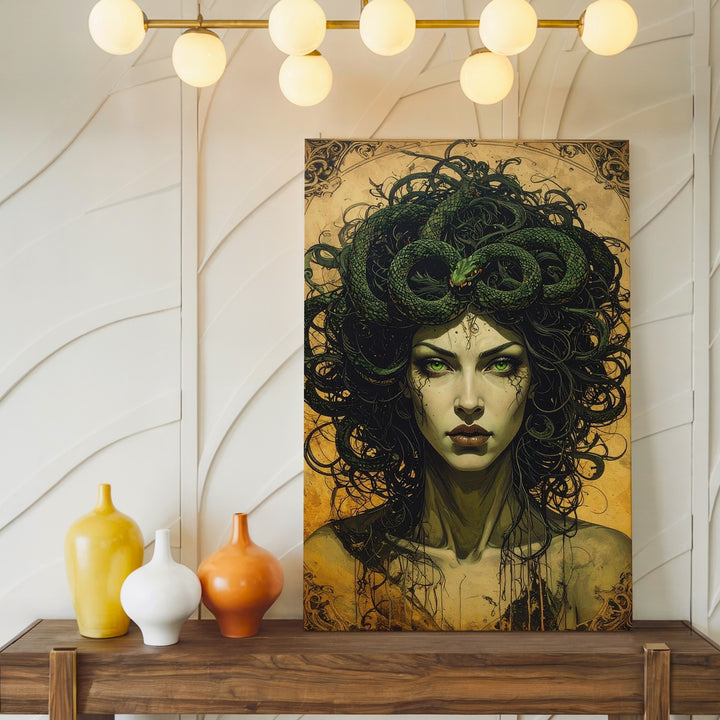 Gothic Medusa Portrait Canvas – Dark Mythical Gorgon with Green Eyes and Snakes - Gifitto