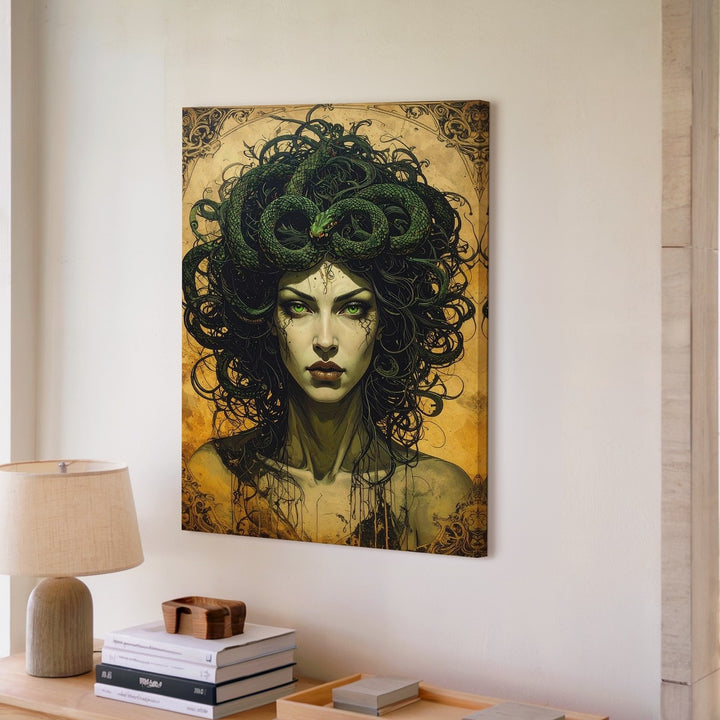 Gothic Medusa Portrait Canvas – Dark Mythical Gorgon with Green Eyes and Snakes - Gifitto