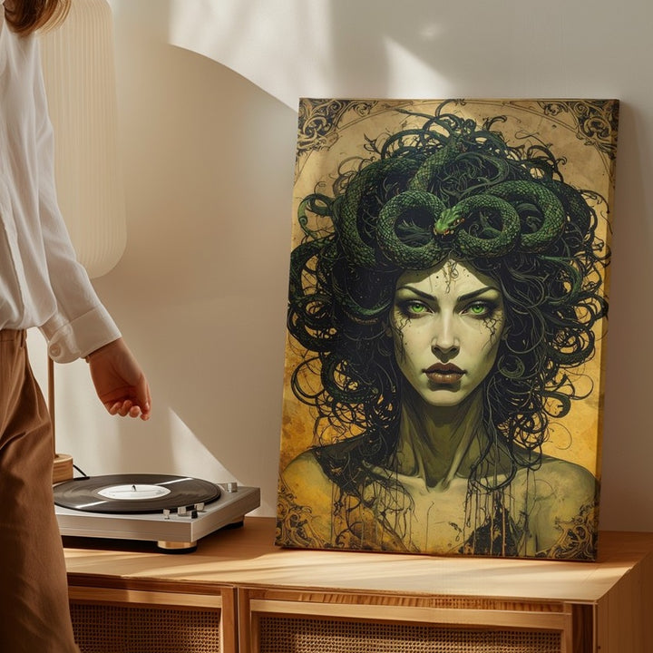 Gothic Medusa Portrait Canvas – Dark Mythical Gorgon with Green Eyes and Snakes - Gifitto