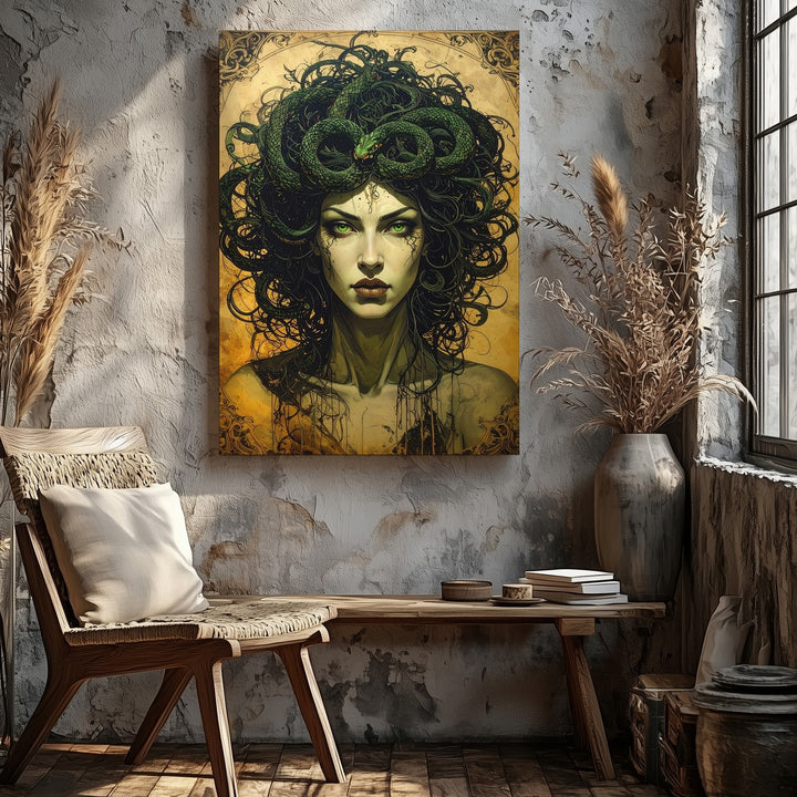 Gothic Medusa Portrait Canvas – Dark Mythical Gorgon with Green Eyes and Snakes - Gifitto