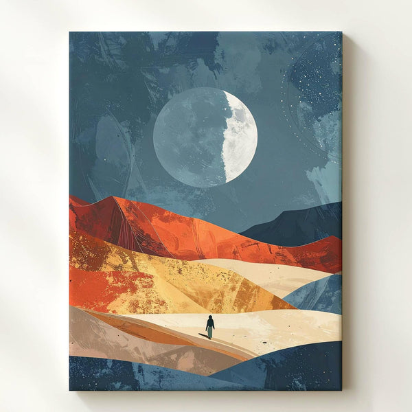 Serene Moonrise Canvas – Lone Figure in Desert Landscape Under Glowing Moon - Gifitto