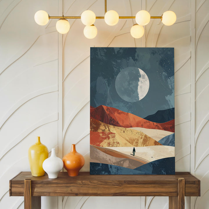 Serene Moonrise Canvas – Lone Figure in Desert Landscape Under Glowing Moon - Gifitto