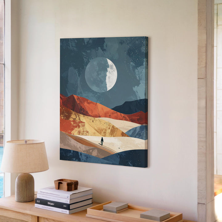 Serene Moonrise Canvas – Lone Figure in Desert Landscape Under Glowing Moon - Gifitto