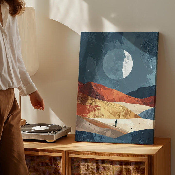 Serene Moonrise Canvas – Lone Figure in Desert Landscape Under Glowing Moon - Gifitto