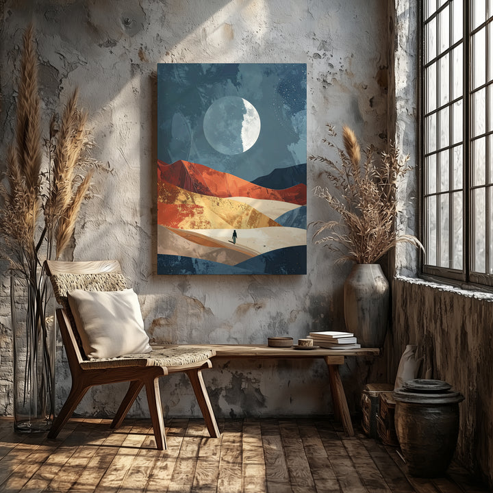 Serene Moonrise Canvas – Lone Figure in Desert Landscape Under Glowing Moon - Gifitto