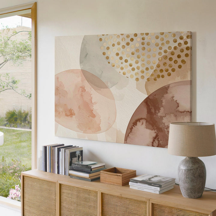 Soft Abstract Canvas – Pastel Overlapping Shapes with Metallic Gold Accents - Gifitto
