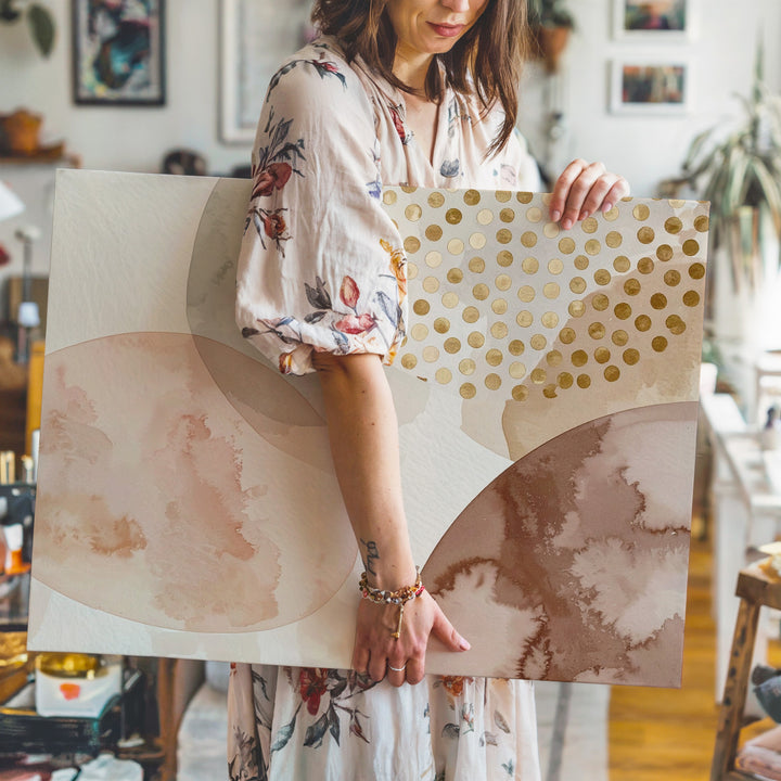 Soft Abstract Canvas – Pastel Overlapping Shapes with Metallic Gold Accents - Gifitto