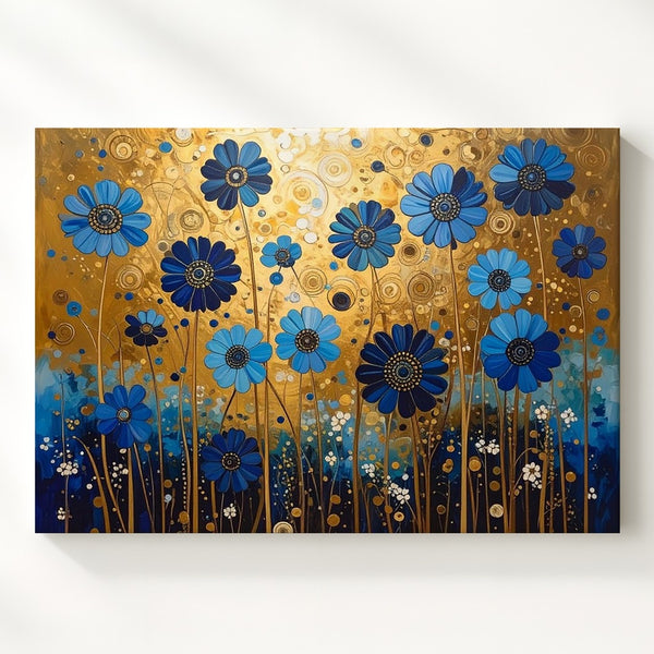 Whimsical Blue Bloom Canvas – Folk Fantasy Floral Art with Gold Accents - Gifitto