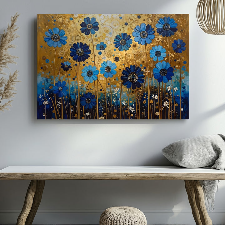 Whimsical Blue Bloom Canvas – Folk Fantasy Floral Art with Gold Accents - Gifitto