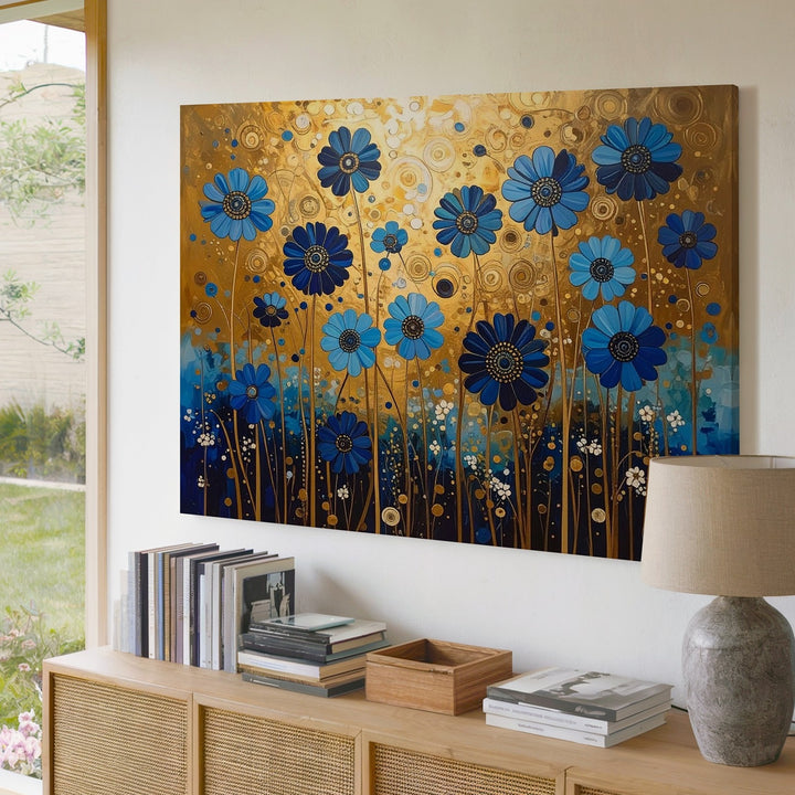 Whimsical Blue Bloom Canvas – Folk Fantasy Floral Art with Gold Accents - Gifitto