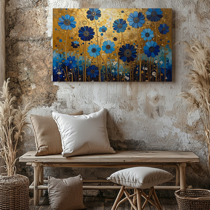 Whimsical Blue Bloom Canvas – Folk Fantasy Floral Art with Gold Accents - Gifitto