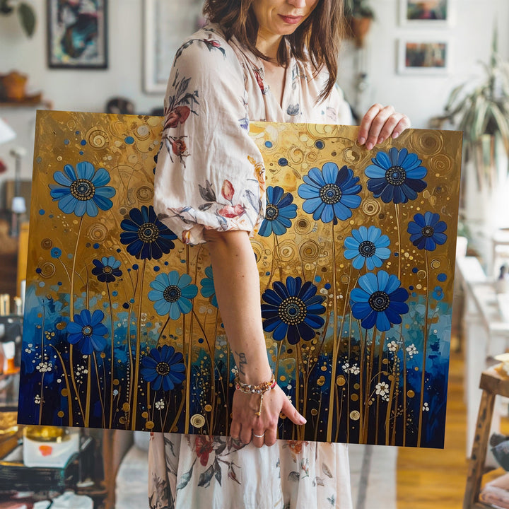 Whimsical Blue Bloom Canvas – Folk Fantasy Floral Art with Gold Accents - Gifitto