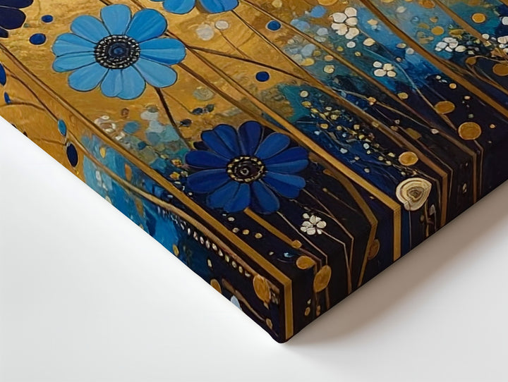 Whimsical Blue Bloom Canvas – Folk Fantasy Floral Art with Gold Accents - Gifitto