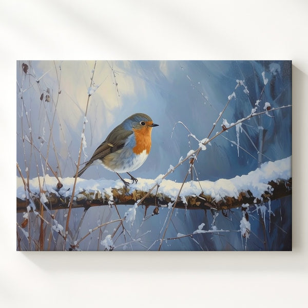 Winter Robin Canvas – Peaceful Bird on Snowy Branch Wall Art