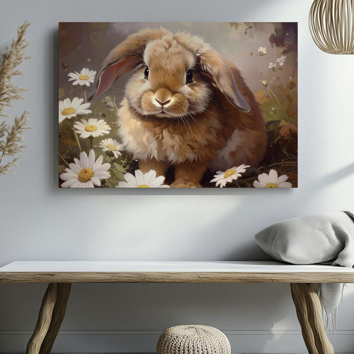 Fluffy Rabbit & Daisies Canvas – Warm Spring Wall Art - Gifitto