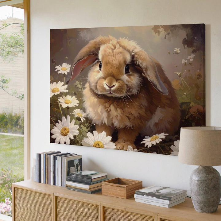 Fluffy Rabbit & Daisies Canvas – Warm Spring Wall Art - Gifitto