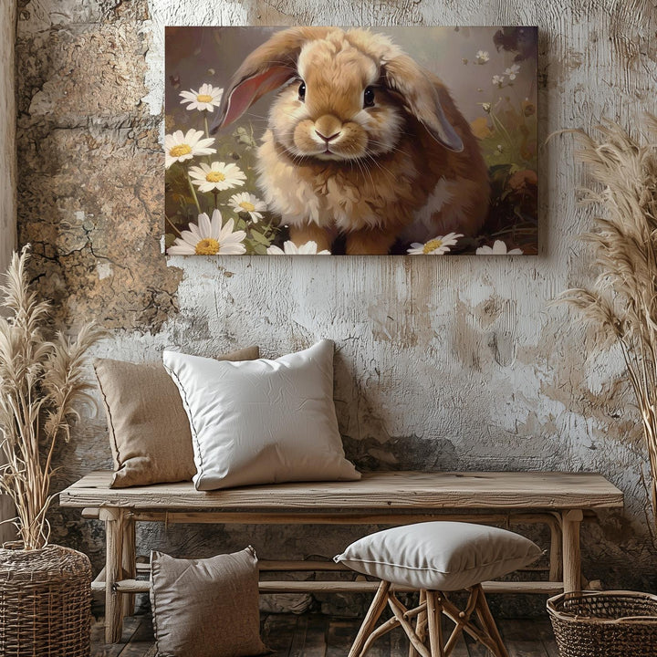 Fluffy Rabbit & Daisies Canvas – Warm Spring Wall Art - Gifitto