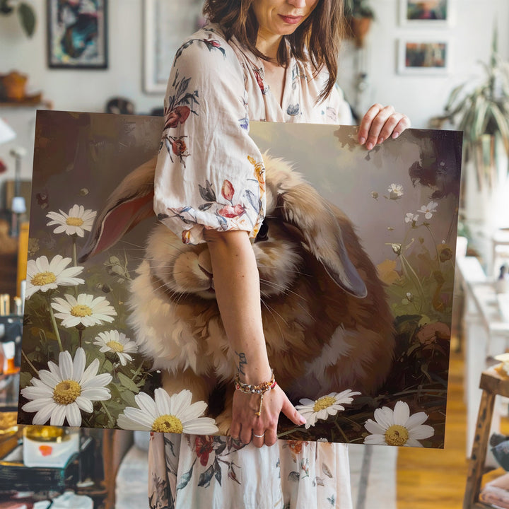 Fluffy Rabbit & Daisies Canvas – Warm Spring Wall Art - Gifitto