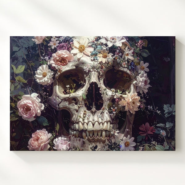 Floral Skull Elegy Canvas – Romantic Gothic Wall Art with Bloomed Bone Design - Gifitto