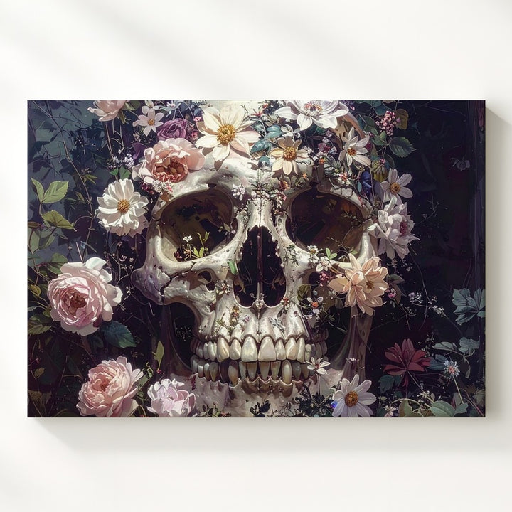 Floral Skull Elegy Canvas – Romantic Gothic Wall Art with Bloomed Bone Design - Gifitto