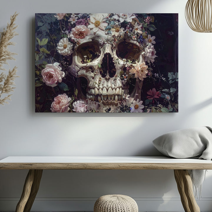 Floral Skull Elegy Canvas – Romantic Gothic Wall Art with Bloomed Bone Design - Gifitto