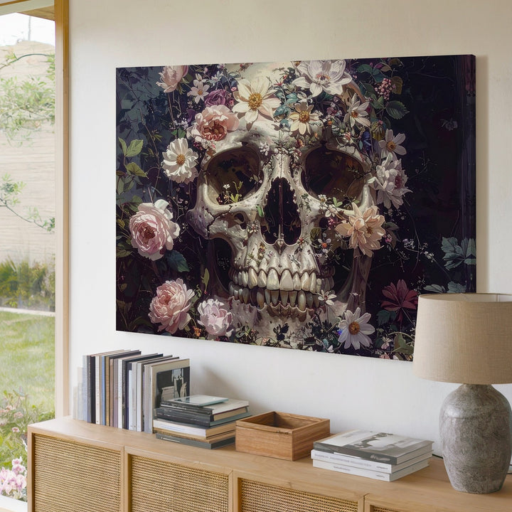 Floral Skull Elegy Canvas – Romantic Gothic Wall Art with Bloomed Bone Design - Gifitto
