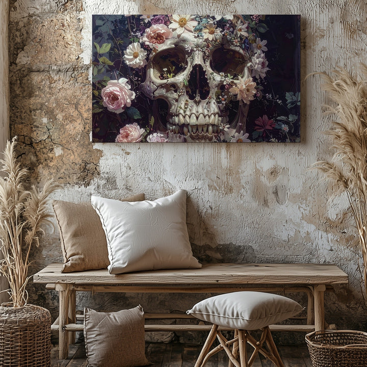 Floral Skull Elegy Canvas – Romantic Gothic Wall Art with Bloomed Bone Design - Gifitto