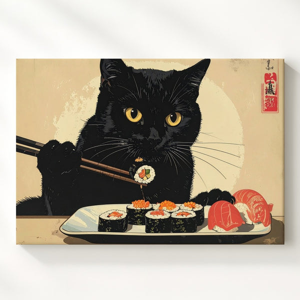 Sushi-Eating Black Cat Canvas – Japanese-Style Feline with Chopsticks - Gifitto